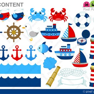 Puede incluir: Un conjunto de impresiones de papel pixel con tem&aacute;tica n&aacute;utica que presenta una variedad de im&aacute;genes, incluyendo ancres, barcos, faros, gaviotas, peces, cangrejos y una br&uacute;jula. El conjunto tambi&eacute;n incluye un borde de ola y una pancarta.