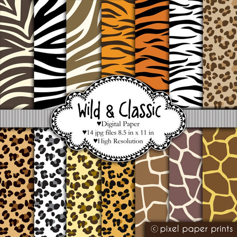 Wild & Classic - Animal prints - Digital paper set - Leopard, zebra, giraffe, tiger - digital Download 