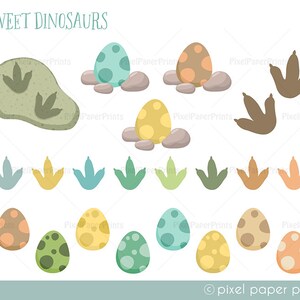 May include: A set of colorful dinosaur eggs and footprints. The eggs are in various shades of green, blue, yellow, and orange. The footprints are brown and green. The text "SWEET DINOSAURS" is at the top of the image.