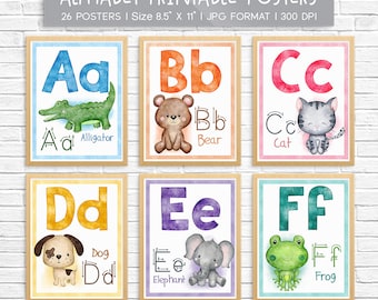 Posters ABC animaux : cartes-éclair de l'alphabet aquarelle (téléchargement numérique)