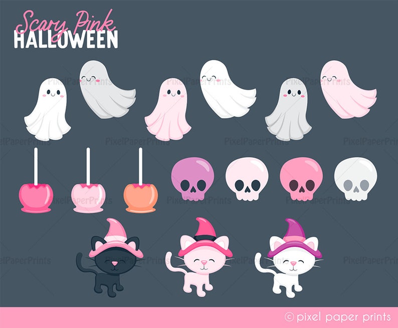 Puede incluir: Un conjunto de clipart digital de tem&aacute;tica de Halloween con fantasmas rosas y blancos, manzanas de caramelo, calaveras y gatos negros y blancos con sombreros de bruja.