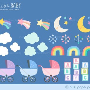 Puede incluir: Un conjunto de im&aacute;genes de clipart digital con ilustraciones de tem&aacute;tica infantil. El conjunto incluye un arco&iacute;ris, estrellas, nubes, lunas, cochecitos y bloques con letras. Las im&aacute;genes est&aacute;n en una paleta de colores pastel.