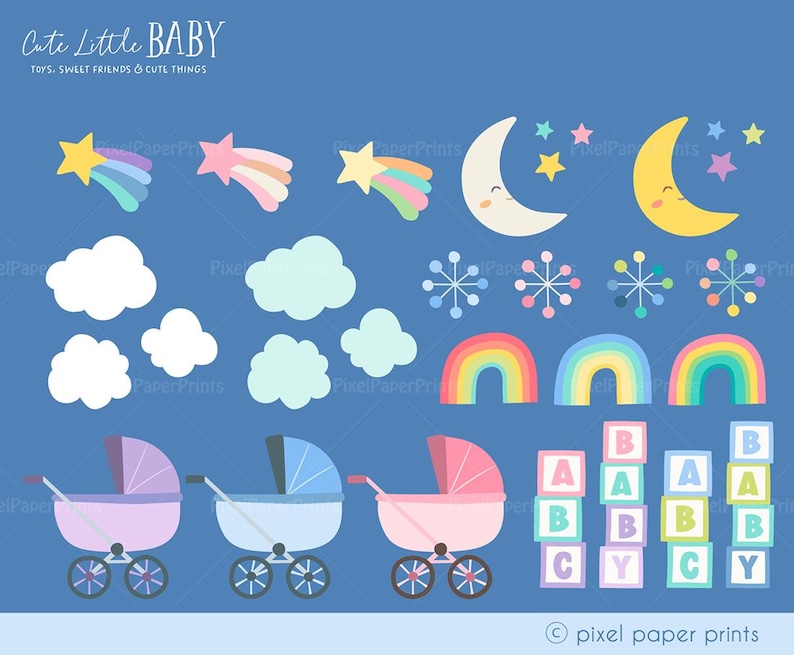 Puede incluir: Un conjunto de im&aacute;genes de clipart digital con ilustraciones de tem&aacute;tica infantil. El conjunto incluye un arco&iacute;ris, estrellas, nubes, lunas, cochecitos y bloques con letras. Las im&aacute;genes est&aacute;n en una paleta de colores pastel.