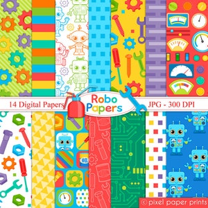 May include: A collection of 14 digital papers with a robot theme. The papers feature colorful patterns with robots, gears, tools, and circuit board designs. The color palette includes blue, green, yellow, red, and orange. The text "Robo Papers" and "14 Digital Papers" are visible.