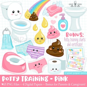 Pink Potty Training Clipart Bundle | Digital Download of Printable Charts, PNG Stickers & Rewards for Toddlers