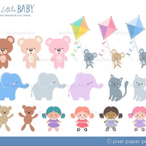 Puede incluir: Un conjunto de 16 im&aacute;genes de clipart digitales coloridas con adorables animales beb&eacute;s, incluidos osos, elefantes, gatos y mu&ntilde;ecas. Las im&aacute;genes son perfectas para crear invitaciones, tarjetas y otros proyectos de manualidades.