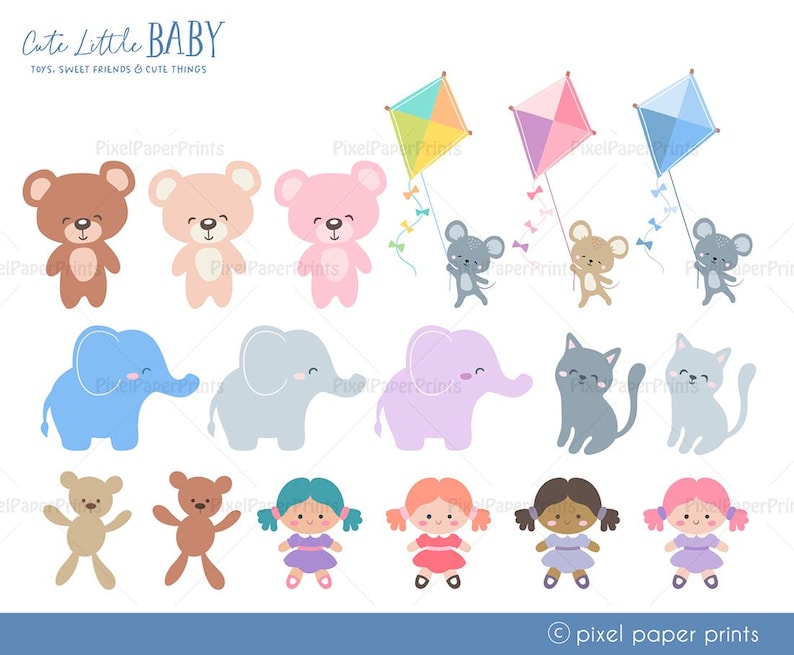 Puede incluir: Un conjunto de 16 im&aacute;genes de clipart digitales coloridas con adorables animales beb&eacute;s, incluidos osos, elefantes, gatos y mu&ntilde;ecas. Las im&aacute;genes son perfectas para crear invitaciones, tarjetas y otros proyectos de manualidades.