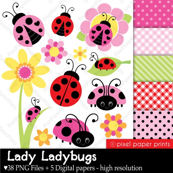 Lady Ladybug - Clipart and Digital Paper Set - Digital Stickers - Digital Download Il_570xn