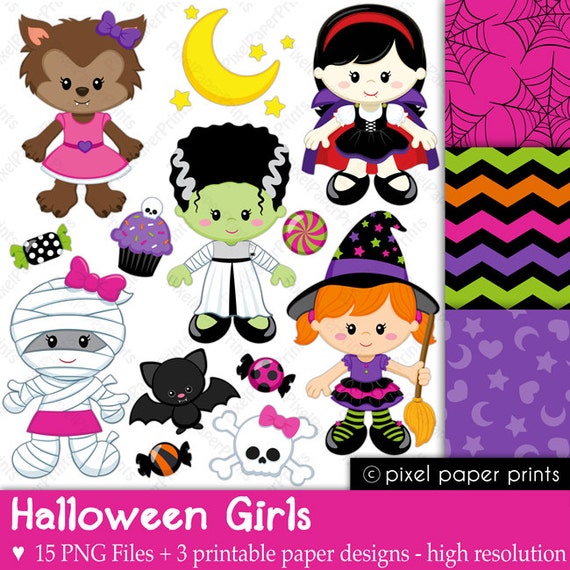 Halloween Girls - Halloween clipart - Clip art and Digital paper set - Digital download Il_570xn