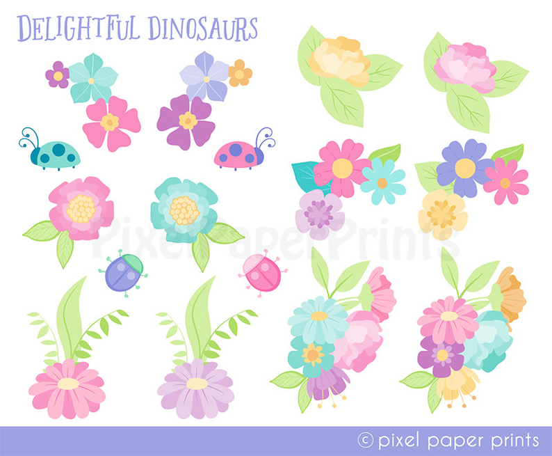 Delightful Dinosaurs Dinosaurs for Girls Clip Art and Digital Paper Set Dino Girls Digital Download Cute dinosaur graphics image 4