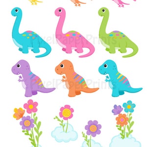 Op de afbeelding: Een set met kleurrijke dinosaurus illustraties, waaronder een triceratops, een stegosaurus en een pterodactyl. Er zijn ook bloemen, wolken, eieren, vlinders, een libel en een bij. De illustraties zijn perfect voor knutselen, scrapbooking of het maken van digitale ontwerpen.
