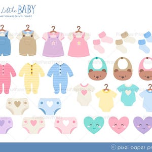 Puede incluir: Un conjunto de ilustraciones con tem&aacute;tica de beb&eacute; que presentan varios art&iacute;culos de ropa, baberos y accesorios en colores pastel. Las ilustraciones incluyen un body, un pa&ntilde;al, un gorro, un par de calcetines, un babero y un dise&ntilde;o en forma de coraz&oacute;n.