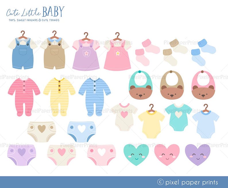 Puede incluir: Un conjunto de ilustraciones con tem&aacute;tica de beb&eacute; que presentan varios art&iacute;culos de ropa, baberos y accesorios en colores pastel. Las ilustraciones incluyen un body, un pa&ntilde;al, un gorro, un par de calcetines, un babero y un dise&ntilde;o en forma de coraz&oacute;n.