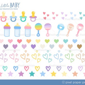 Puede incluir: Un conjunto de ilustraciones con tem&aacute;tica de beb&eacute;, que incluyen chupetes, biberones, sonajeros, corazones y estrellas. Las ilustraciones est&aacute;n en varios colores pastel, incluyendo rosa, azul, amarillo, verde y morado.