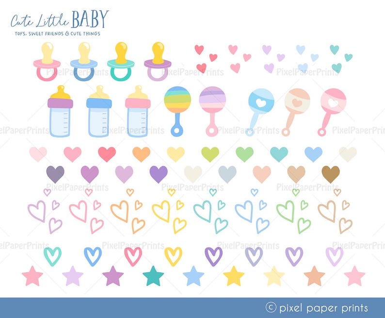 Puede incluir: Un conjunto de ilustraciones con tem&aacute;tica de beb&eacute;, que incluyen chupetes, biberones, sonajeros, corazones y estrellas. Las ilustraciones est&aacute;n en varios colores pastel, incluyendo rosa, azul, amarillo, verde y morado.