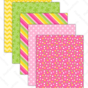 Puede incluir: Cinco hojas de papel con diferentes patrones. La hoja superior es de color amarillo y blanco con chevron, la segunda hoja es verde con flores blancas, la tercera hoja es de rayas rosas y amarillas, la cuarta hoja es rosa con lunares blancos y la hoja inferior es rosa con lunares amarillos, verdes y blancos.