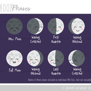 Cute Moon Phases Digital Download Moon Clip Art Moon cycle clipart Digital stickers Instant download image 2