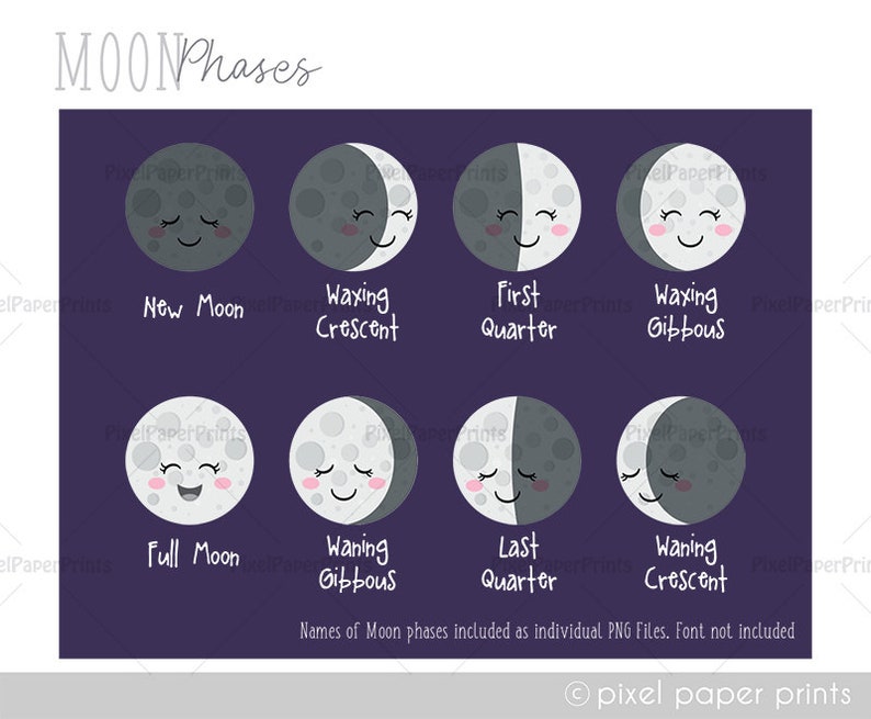 Cute Moon Phases Digital Download Moon Clip Art Moon cycle clipart Digital stickers Instant download image 2