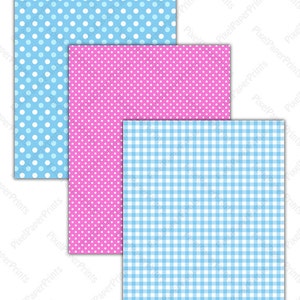 May include: Three digital paper patterns in blue and pink. The top pattern is blue with white polka dots. The middle pattern is pink with white polka dots. The bottom pattern is blue and white gingham.