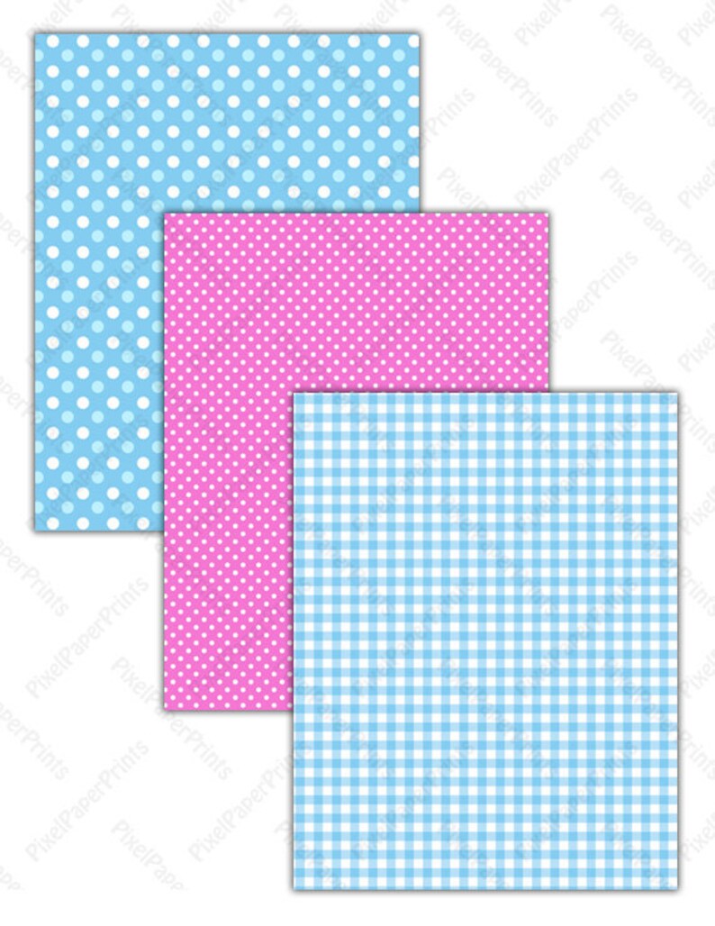 May include: Three digital paper patterns in blue and pink. The top pattern is blue with white polka dots. The middle pattern is pink with white polka dots. The bottom pattern is blue and white gingham.