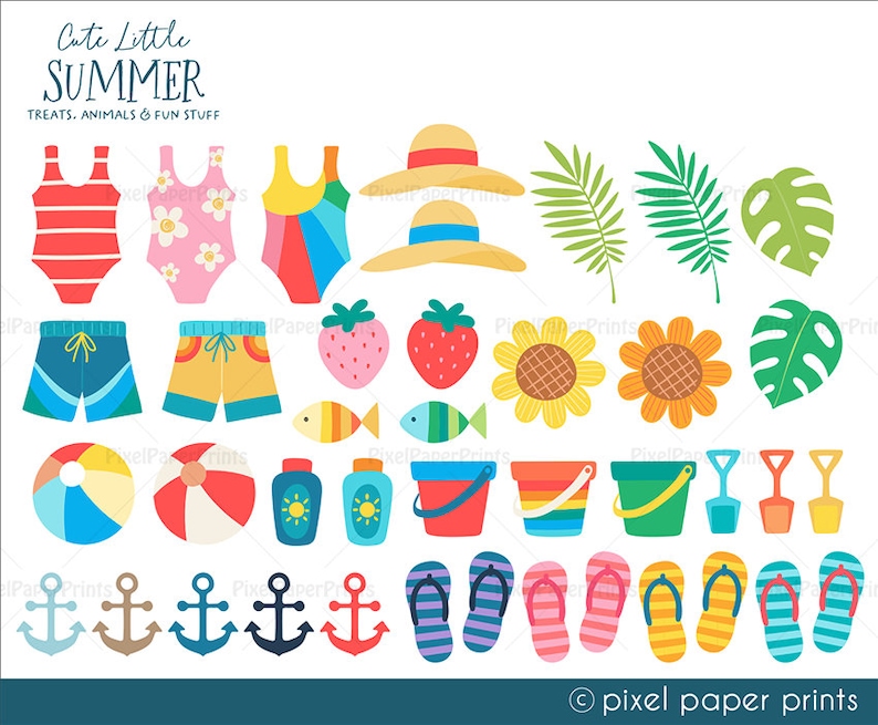 May include: A set of colorful summer-themed illustrations, including swimsuits, sandals, beach balls, buckets, shovels, anchors, flowers, and leaves. The text "Cute Little Summer Treats, Animals & Fun Stuff" is at the top of the image.