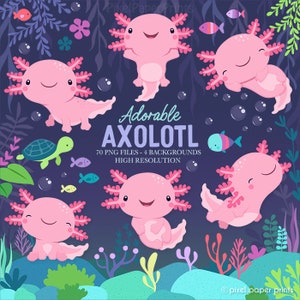 Axolotl Clip Art - Cute Axolotl - Clip Art and Digital Paper Set - Cute Salamander - Digital Download - Sublimation PNG