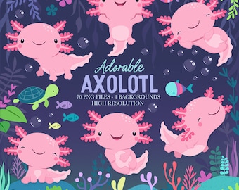 Axolotl Clip Art - Cute Axolotl - Clip Art and Digital Paper Set - Cute Salamander - Digital Download - Sublimation PNG