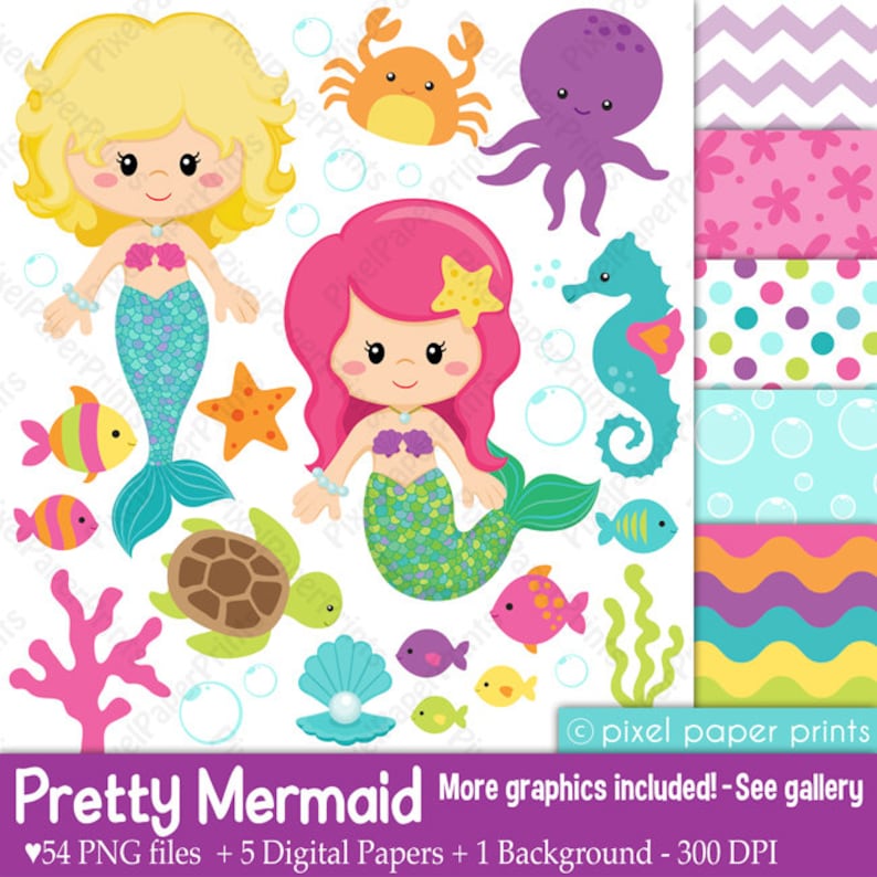 Mermaid Clip Art Cute Mermaid PNG Files Digital Download Graphics for printables, crafts, digital design, heat transfer & more image 1