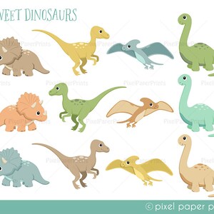 May include: A set of nine colorful cartoon dinosaur illustrations. The dinosaurs include a triceratops, a stegosaurus, a pterodactyl, and a brachiosaurus. The dinosaurs are all smiling and have friendly faces.
