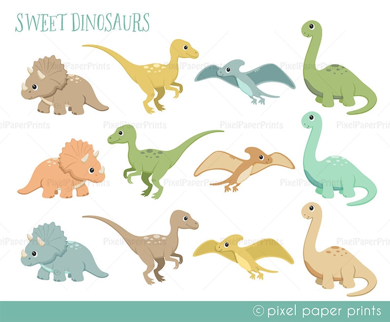 May include: A set of nine colorful cartoon dinosaur illustrations. The dinosaurs include a triceratops, a stegosaurus, a pterodactyl, and a brachiosaurus. The dinosaurs are all smiling and have friendly faces.