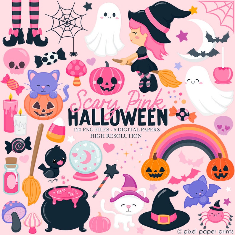 Puede incluir: Un conjunto de 120 papeles digitales con un tema de Halloween rosa y negro. Las ilustraciones incluyen una bruja, un fantasma, una ara&ntilde;a, un gato, una calabaza, un murci&eacute;lago, un ma&iacute;z dulce, un arco&iacute;ris, un caldero, una varita m&aacute;gica y un sombrero de bruja. El texto "Scary Pink Halloween" est&aacute; incluido en la imagen.