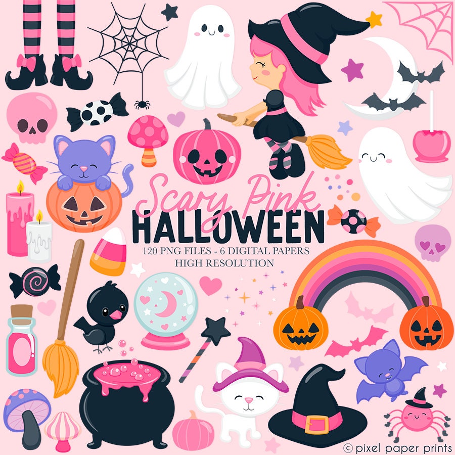 Scary Pink Halloween - Clip Art and Digital Paper Set - Cute Witch - Cute Clip art - Digital Download - Sublimation PNG