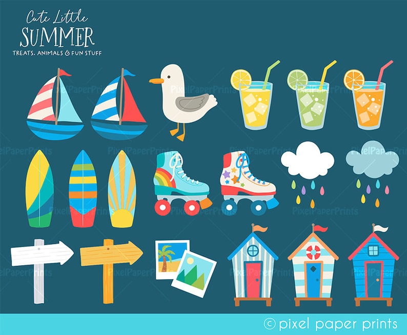 May include: A set of colorful summer-themed illustrations, including sailboats, surfboards, roller skates, lemonade, clouds, beach huts, and signs. The text "Cute Little Summer Treats, Animals & Fun Stuff" is at the top of the image.