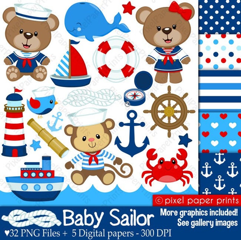 Puede incluir: Un conjunto de 32 im&aacute;genes de clip art digitales con un tema n&aacute;utico. Las im&aacute;genes incluyen un faro, un velero, una ballena, un cangrejo, un ancla, una br&uacute;jula, un tim&oacute;n, un mono, un oso de peluche y un p&aacute;jaro. Las im&aacute;genes son de color azul, rojo, blanco y marr&oacute;n.