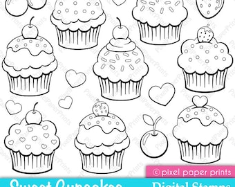 Cupcake Digital Stamps - Cupcake Clip Art - Line Art - Graphics for coloring pages, worksheets, crafts & more - Digital - PNG  - Printable