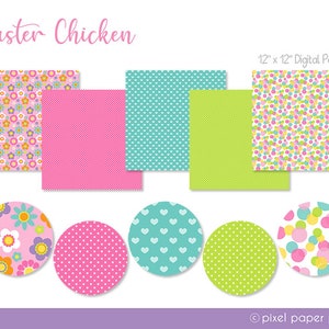 May include: Set of six 12x12 inch digital papers featuring Easter-themed patterns. The patterns include pink and white polka dots, green and white polka dots, turquoise and white hearts, pink and white flowers, and two patterns with colorful confetti.