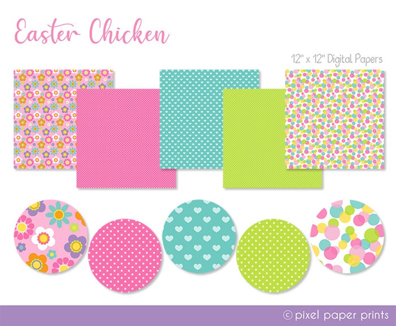 May include: Set of six 12x12 inch digital papers featuring Easter-themed patterns. The patterns include pink and white polka dots, green and white polka dots, turquoise and white hearts, pink and white flowers, and two patterns with colorful confetti.