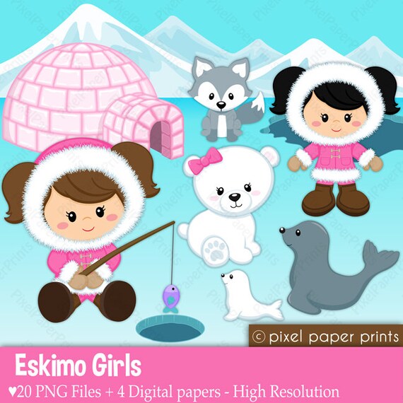 Eskimo girls - Digital paper and clip art set Il_570xn