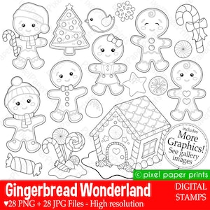 Gingerbread Clip Art - Digital stamps set  - Line art graphics to create coloring pages, worksheets, crafts & more - Printable
