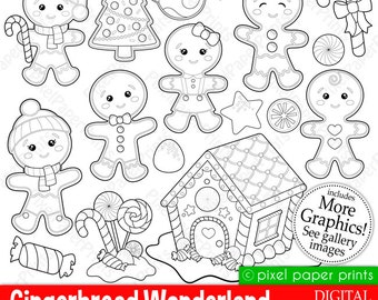 Gingerbread Clip Art - Digital stamps set  - Line art graphics to create coloring pages, worksheets, crafts & more - Printable
