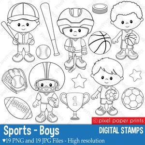 Könnte beinhalten: Schwarz-weiße Strichzeichnungen von Jungen, die verschiedene Sportarten spielen, darunter Baseball, Hockey, Basketball, American Football und Fußball. Die Illustrationen beinhalten eine Trophäe, einen Baseballhandschuh, einen Baseballschläger, einen Hockeyschläger, einen Basketball, einen American Football, einen Fußball und einen Stern.