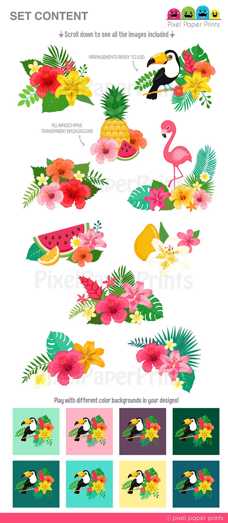 May include: A set of tropical themed digital clipart featuring a toucan, flamingo, pineapple, watermelon, lemon, hibiscus flowers, and palm leaves. The images have transparent backgrounds and are ready to use in your designs.