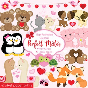 Valentines Day Clipart - Cute Animal Couples - Digital Graphics for Valentine's Cards, Valentine's crafts & More - PNG  - Instant Download