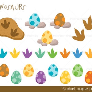 May include: A set of dinosaur illustrations featuring dinosaur eggs with spotty patterns, dinosaur footprints, and the word "DINOSAURS". The eggs are in various colours and are surrounded by small rocks.