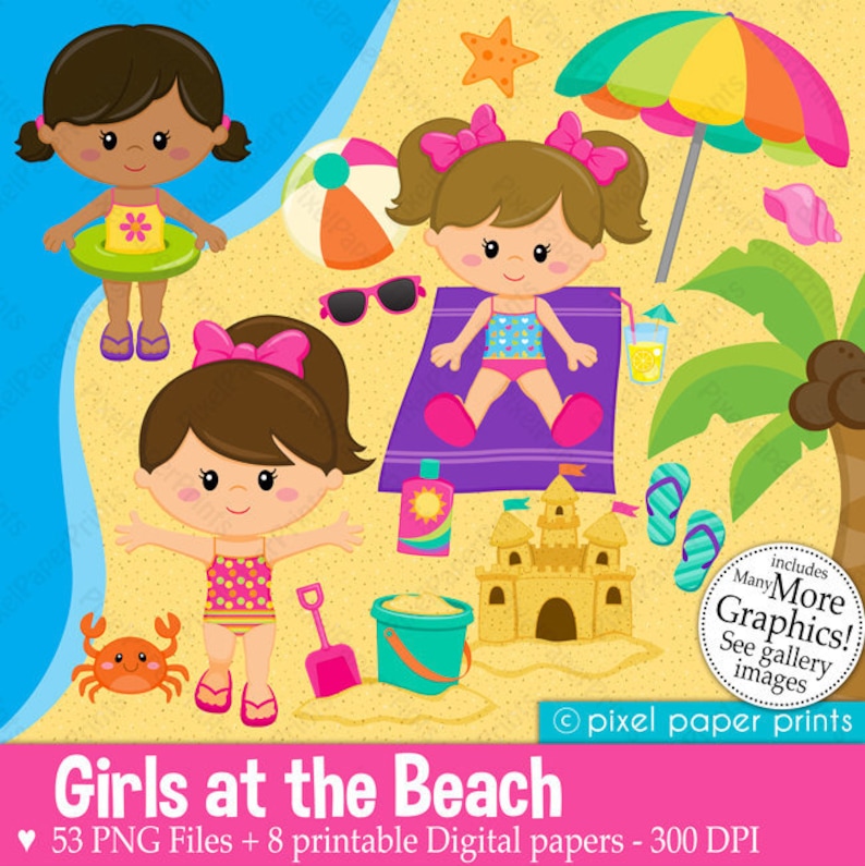 May include: A digital clipart set featuring two girls at the beach. The girls are wearing swimsuits and have brown hair with pink bows. The set includes a beach umbrella, beach ball, sandcastle, bucket and shovel, sunglasses, flip flops, a crab, and a palm tree. The text "Girls at the Beach" is included in the image. 53 PNG files and 8 printable digital papers are included in the set.