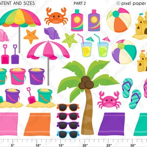 May include: A set of 20 beach-themed digital clipart images, including a rainbow umbrella, a pink and white striped umbrella, a palm tree, a sandcastle, a crab, a beach towel, sunglasses, flip-flops, and more. The images are perfect for creating invitations, party decorations, or other craft projects.