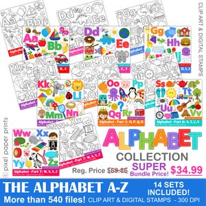 Complete Alphabet Clipart Bundle | Full-Color and Black & White PNGs from A to Z | Instant Download for Educational Materials and Crafts