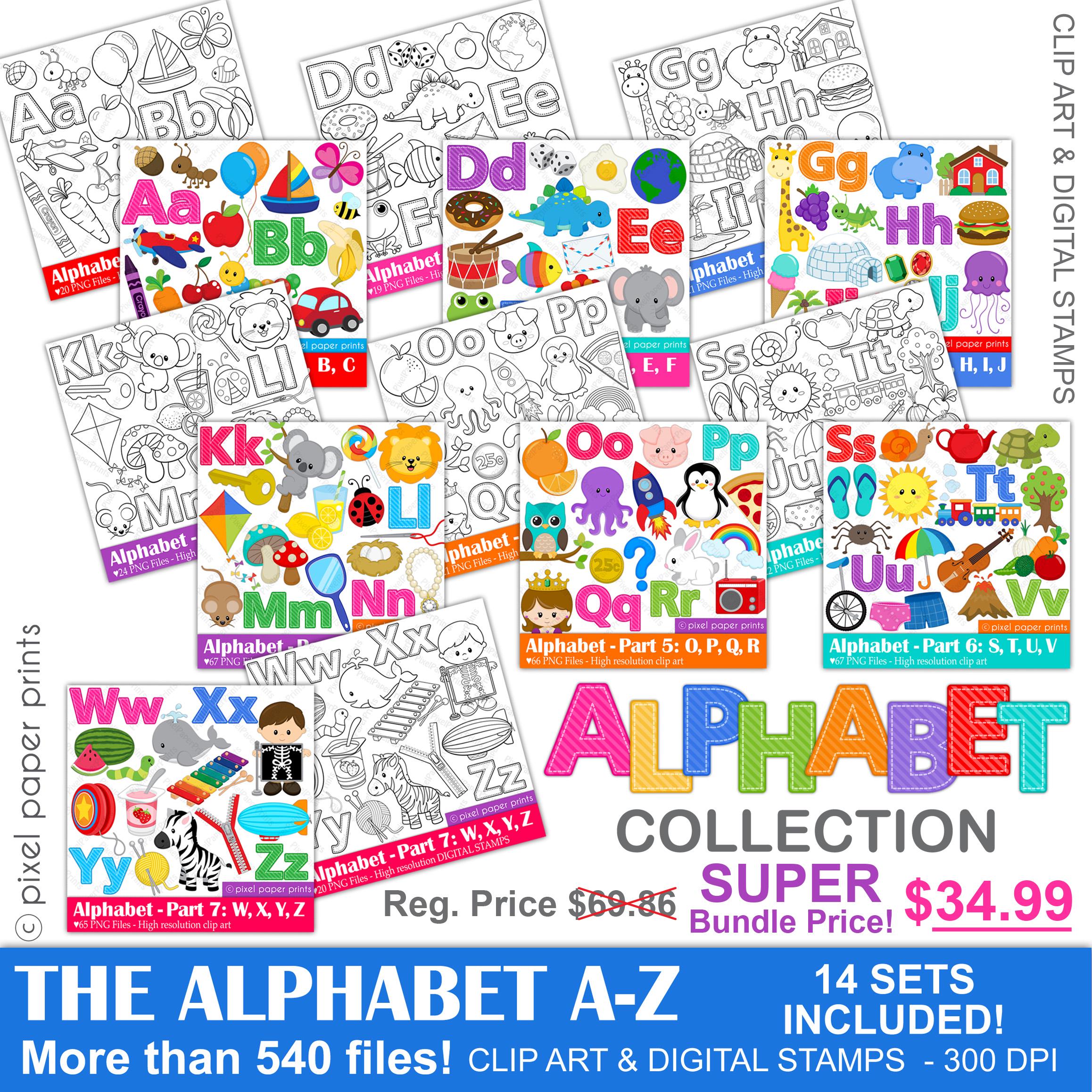 Complete Alphabet Clipart Bundle | Full-Color and Black & White PNGs from A to Z | Instant Download for Educational Materials and Crafts