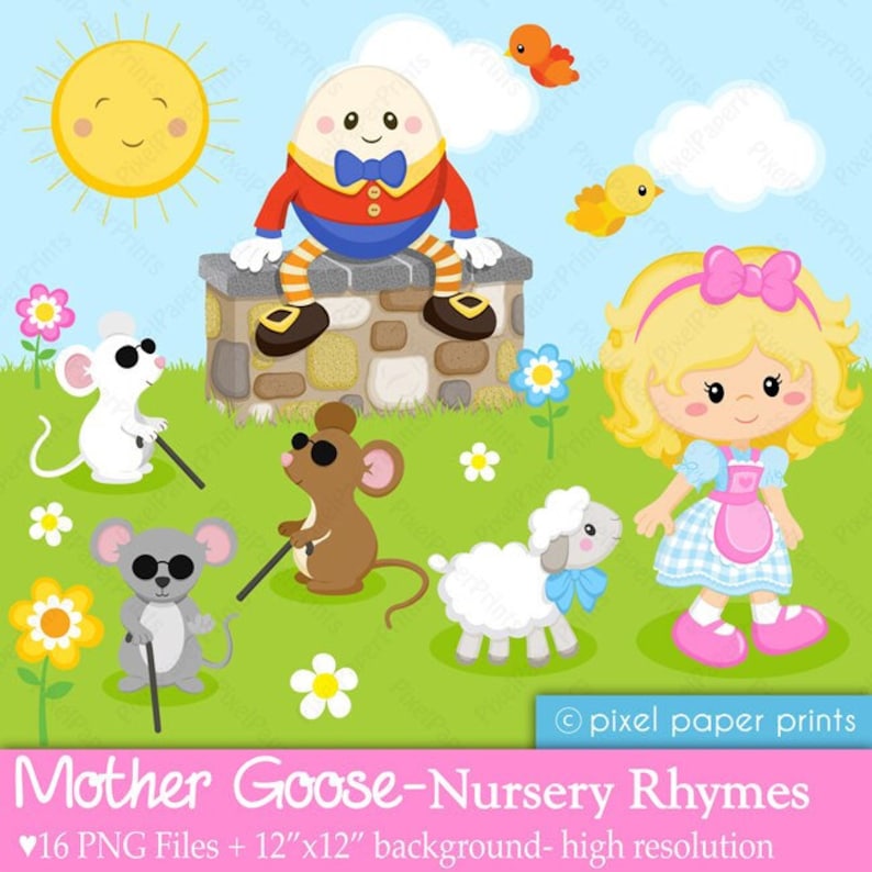 Mother Goose Nursery Rhymes Clipart and Digital paper set Digital download image 1