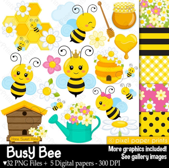 Busy Bee - Clip art and digital paper set - Spring clipart - Digital Download - Digital Stickers - Save the bees Il_570xn